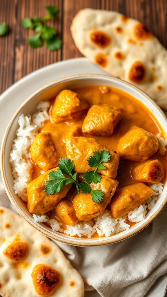 A bowl of low-fat chicken curry with rice and naan, garnished with cilantro on a wooden table.